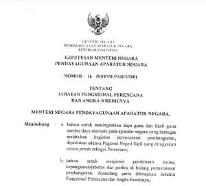 Keputusan Menteri Negara Pendayagunaan Aparatur Negara Nomor 16 Tahun 2001 Tentang Jabatan Fungsional Perencana