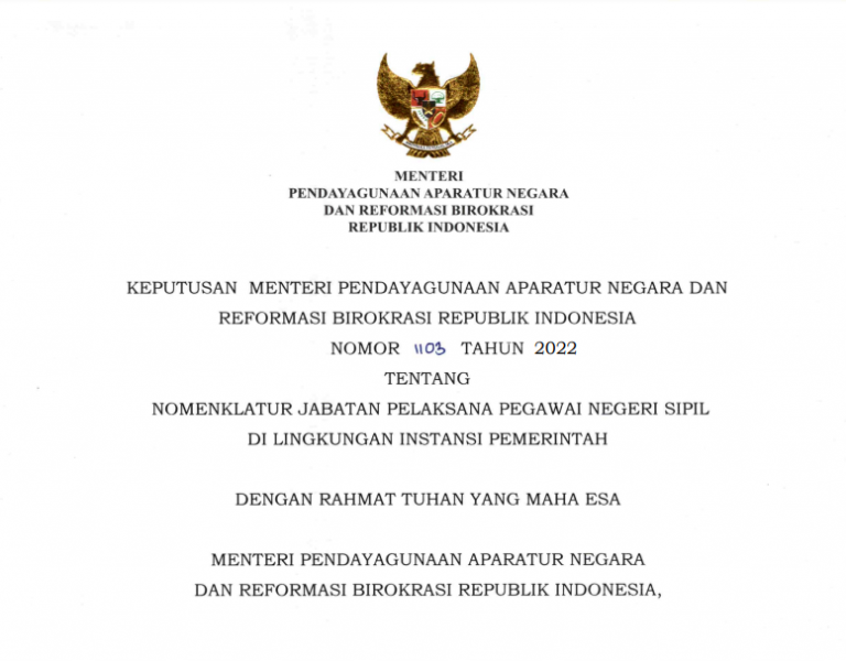 Cover Keputusan Menteri PANRB Nomor 1103 Tentang Nomenklatur Jabatan Pelaksana PNS di Lingkungan Instansi Pemerintah