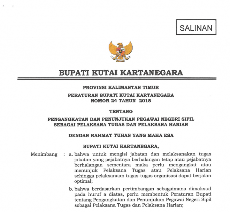 Cover PERBUP Kutai Kartanegara Nomor 24 Tahun 2015 tentang Pengangkatan dan Penunjukan Pegawai Negeri Sipil Sebagai Pelaksana Tugas dan Pelaksana Harian