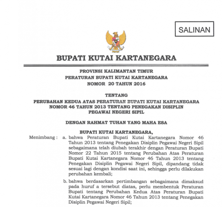 Cover PERBUP No. 20 Tahun 2016 tentang Perubahan Kedua Atas Peraturan Bupati Kukar No