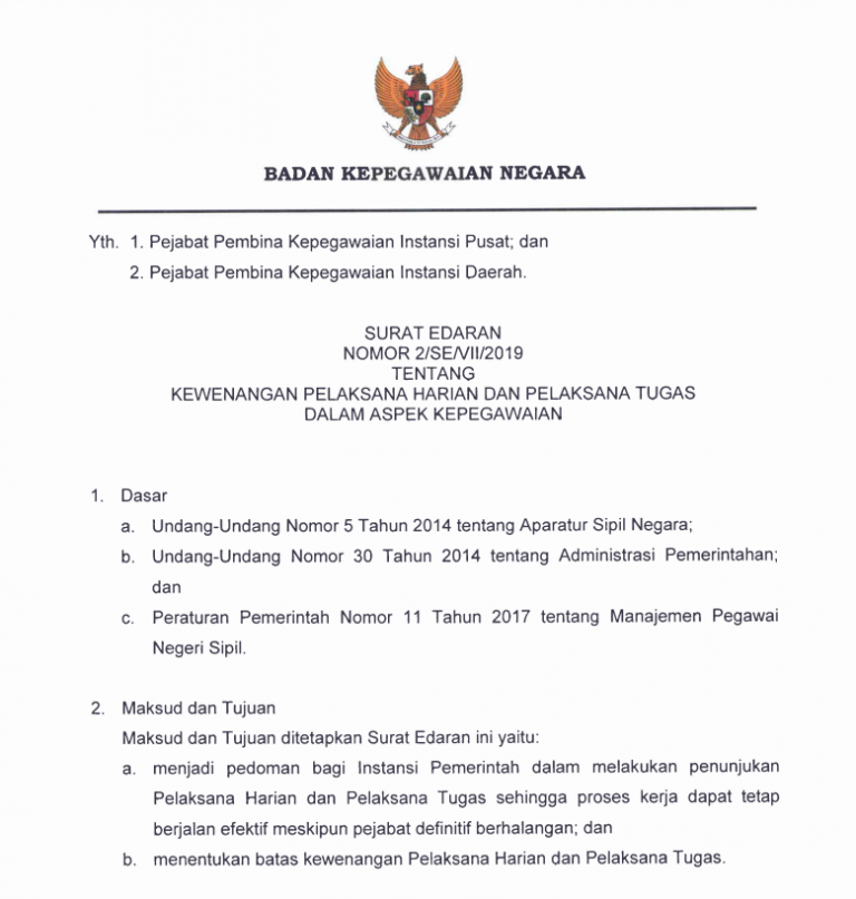 Cover Surat Edaran Kepala BKN tentang Kewenangan PLT dan PLH